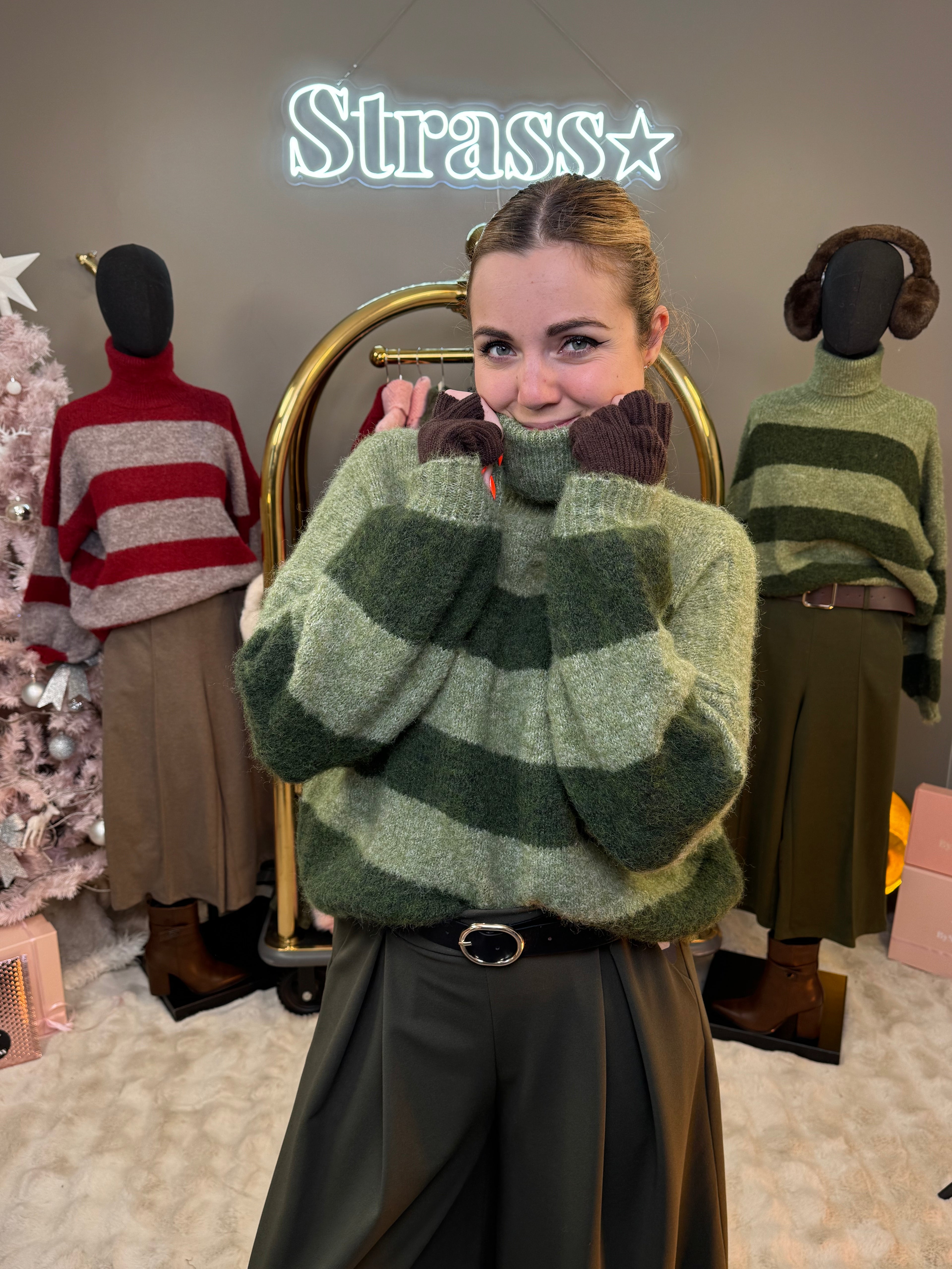 Pull Olive Col Roulé Rayé Kaki