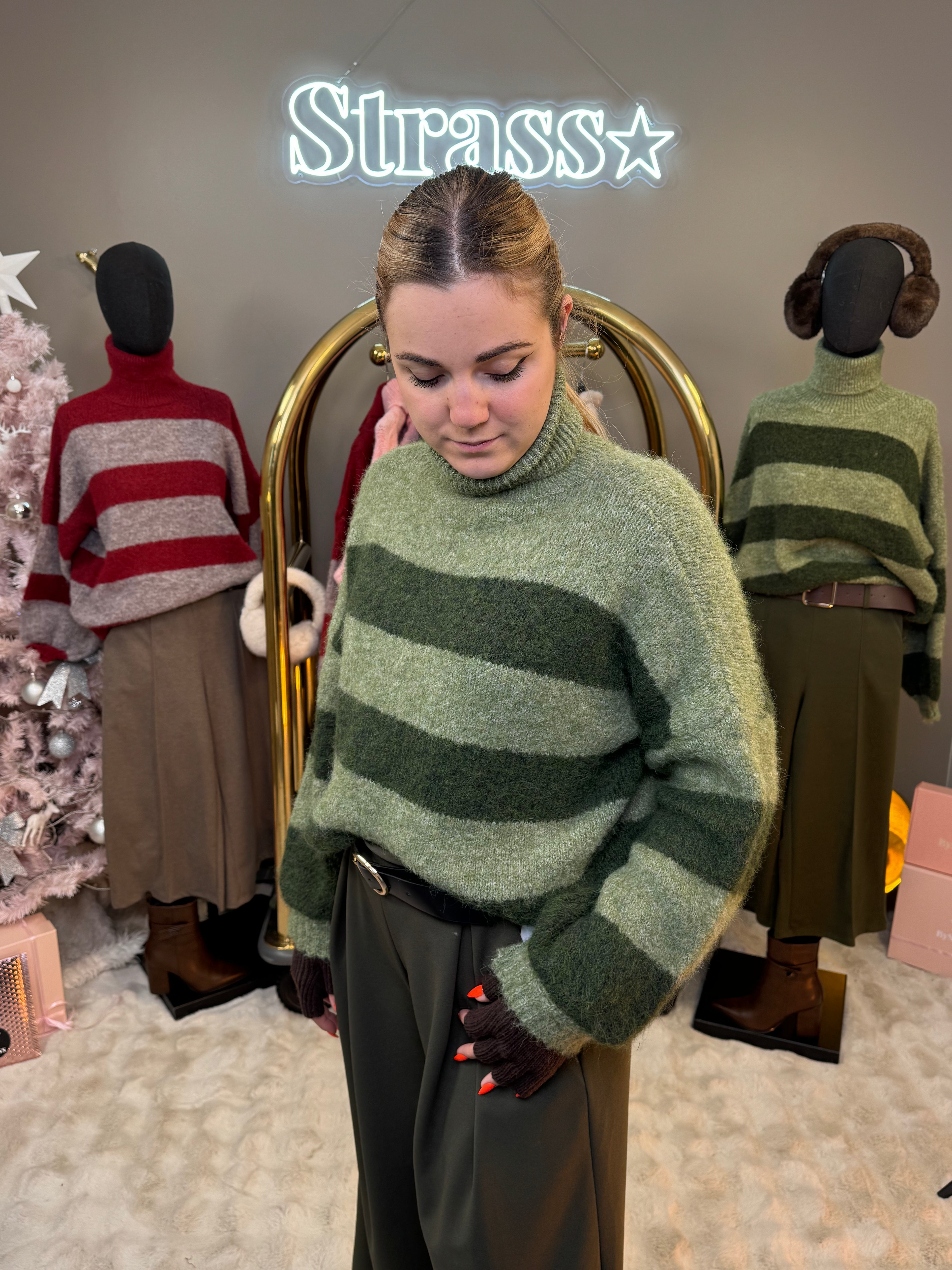 Pull Olive Col Roulé Rayé Kaki