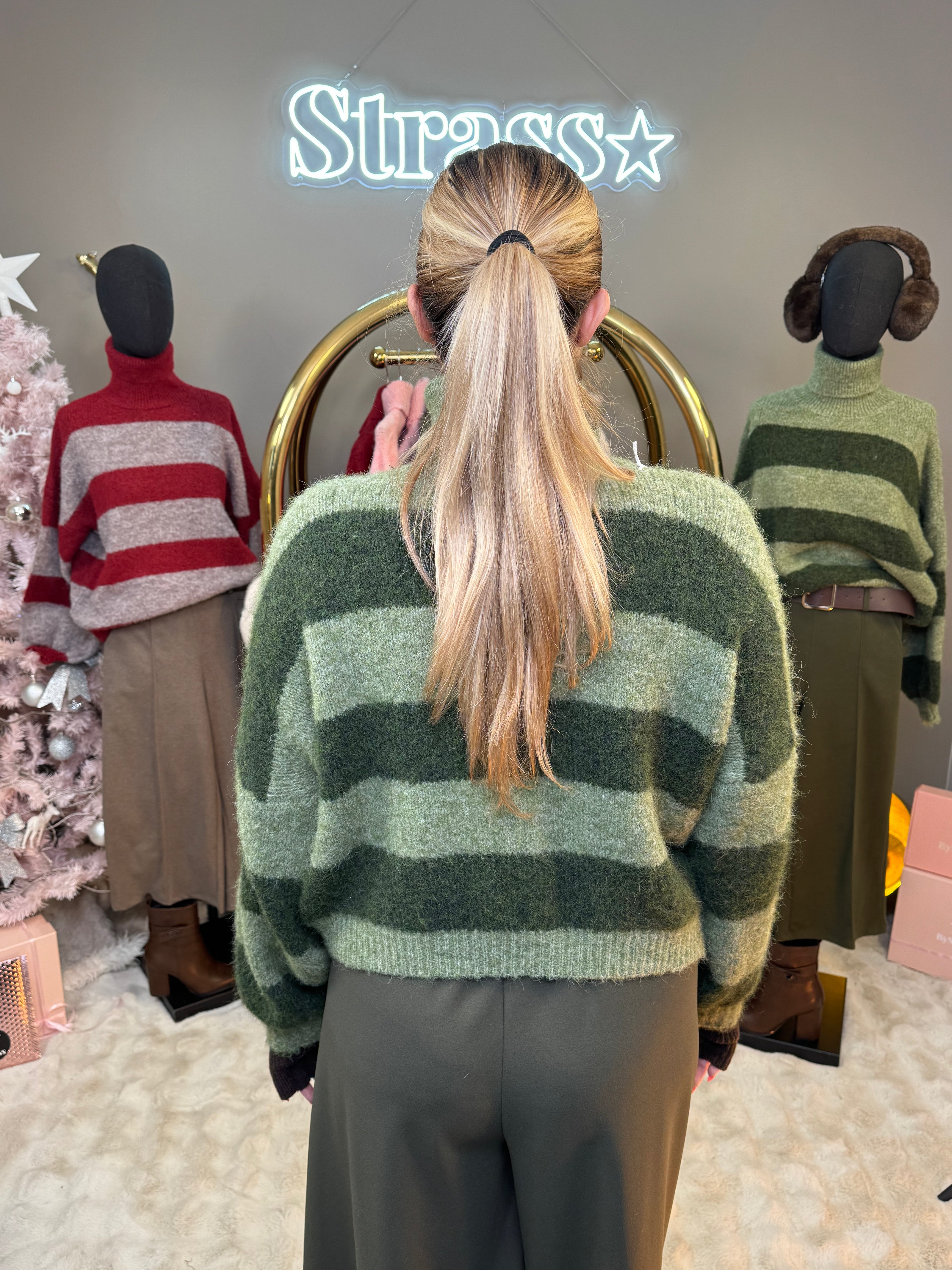 Pull Olive Col Roulé Rayé Kaki