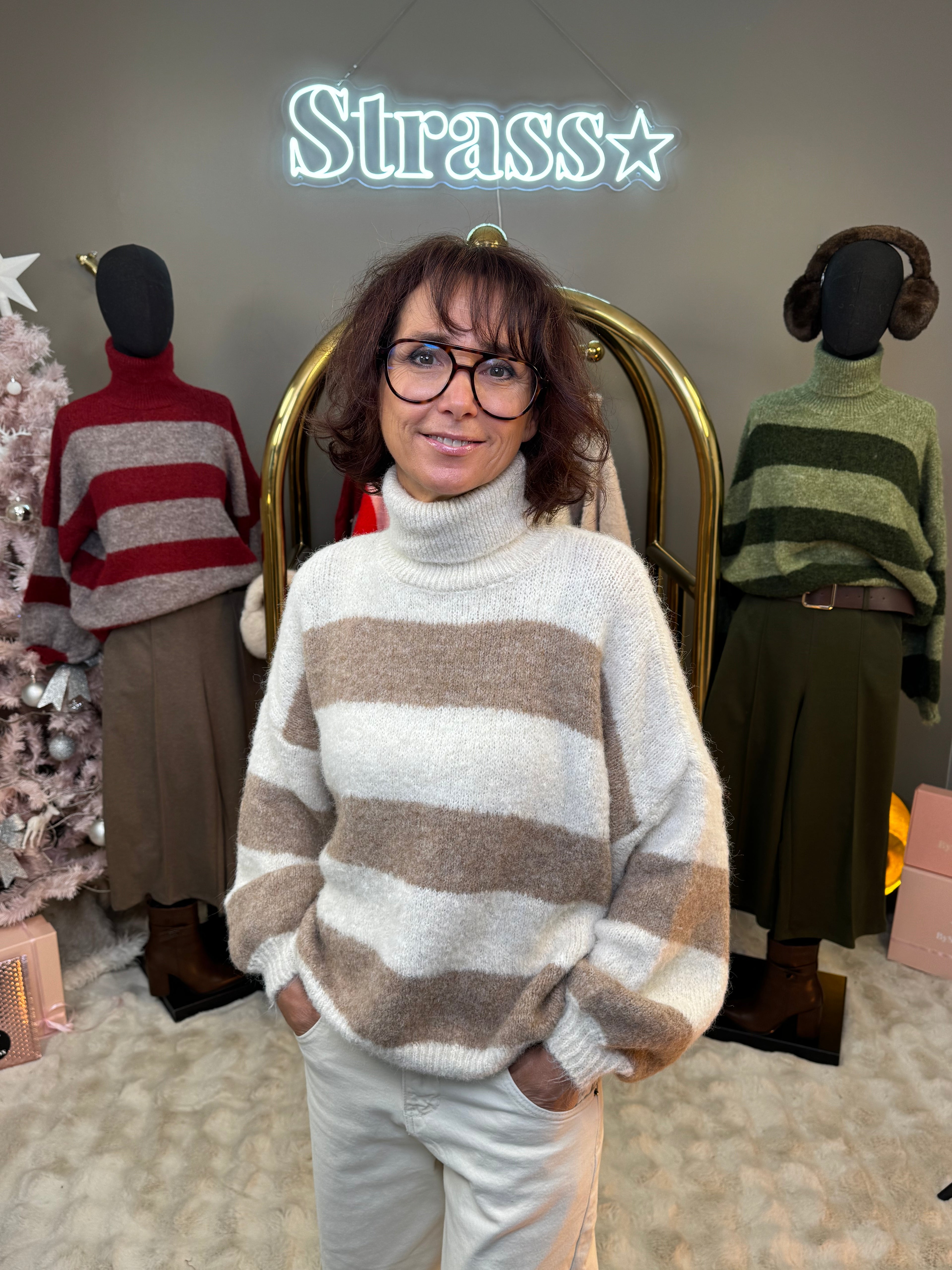 Pull Olive Col Roulé Rayé Beige