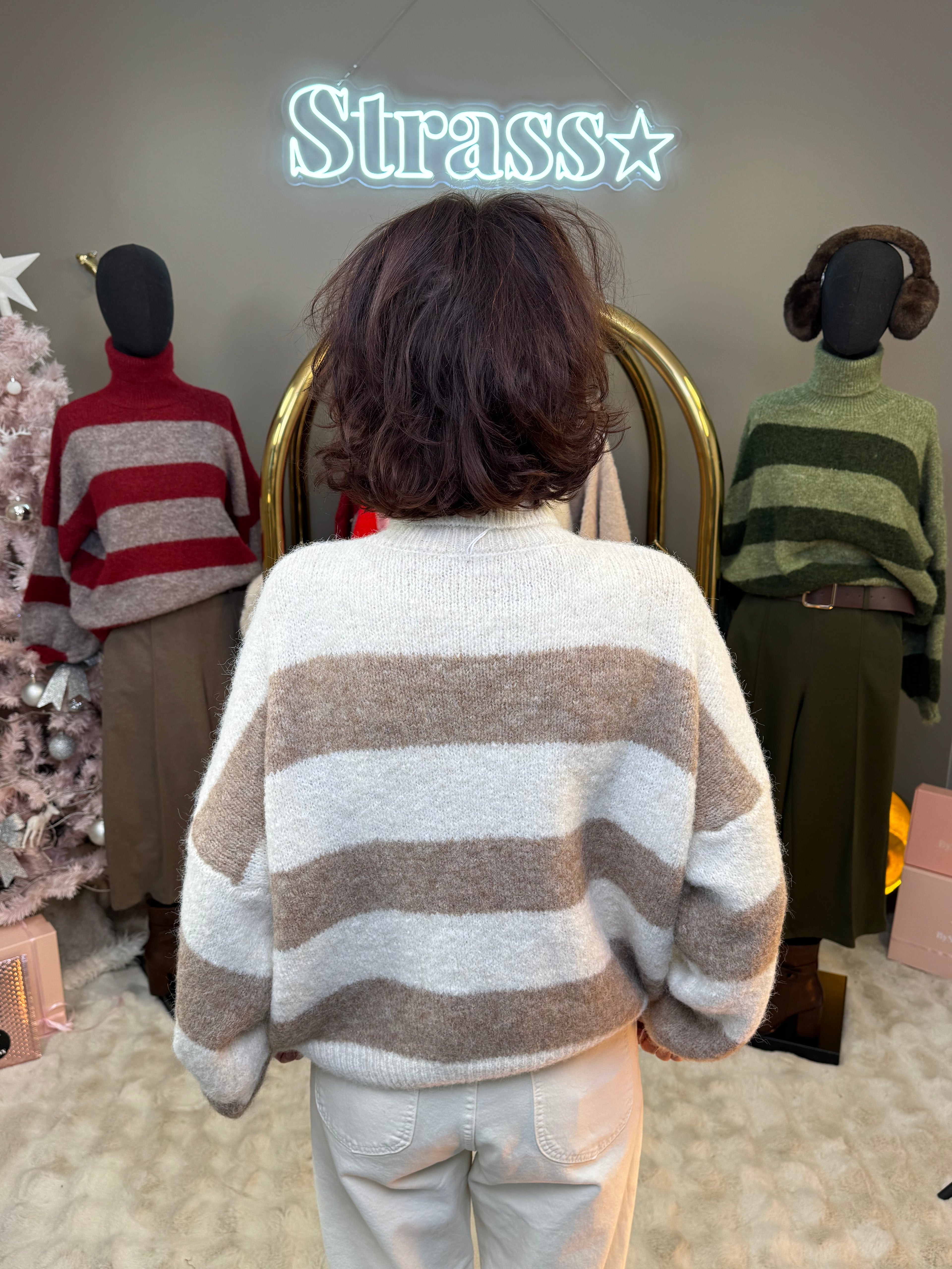 Pull Olive Col Roulé Rayé Beige