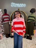 Pull Olive Col Roulé Rayé Rose