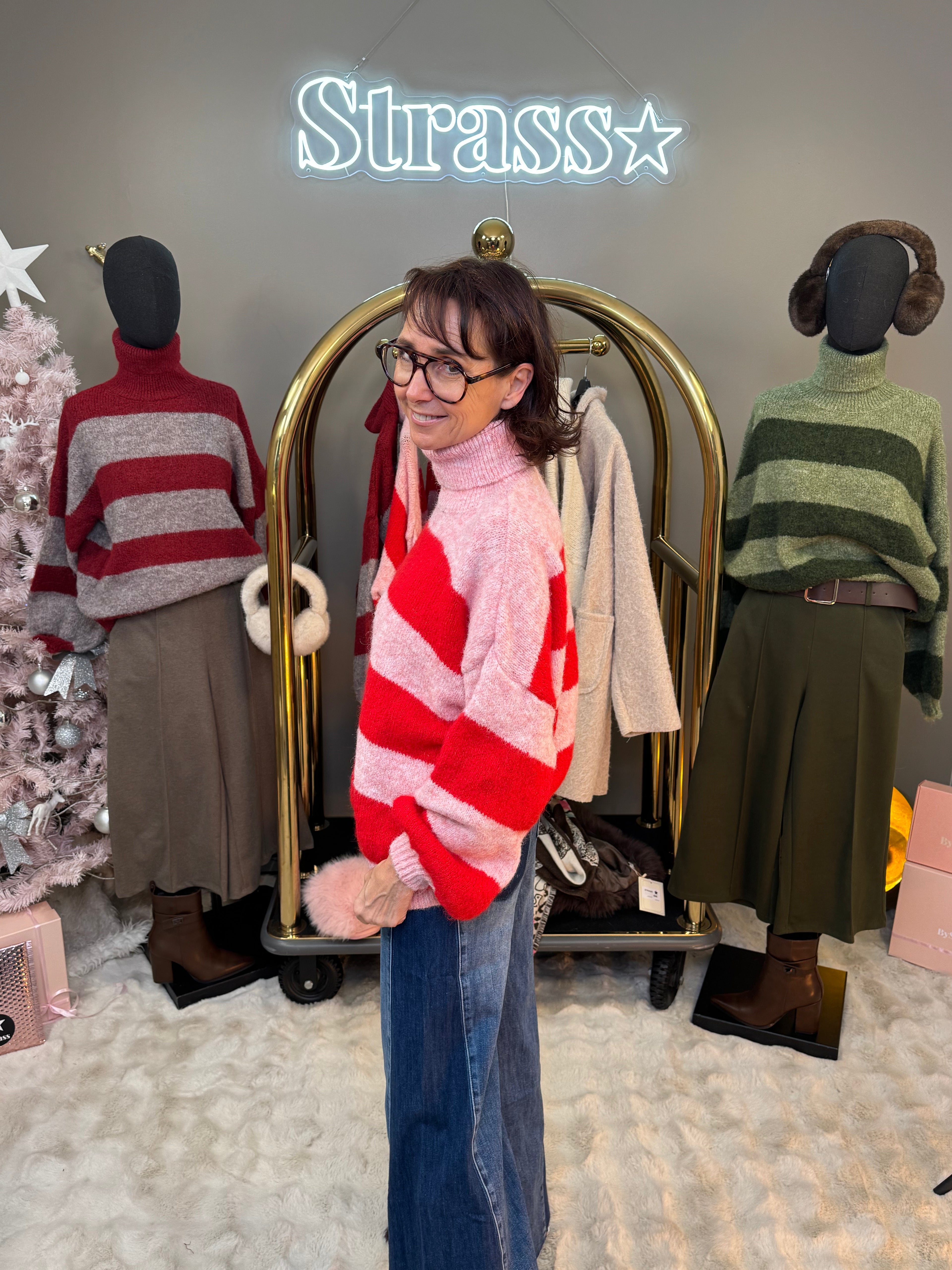 Pull Olive Col Roulé Rayé Rose