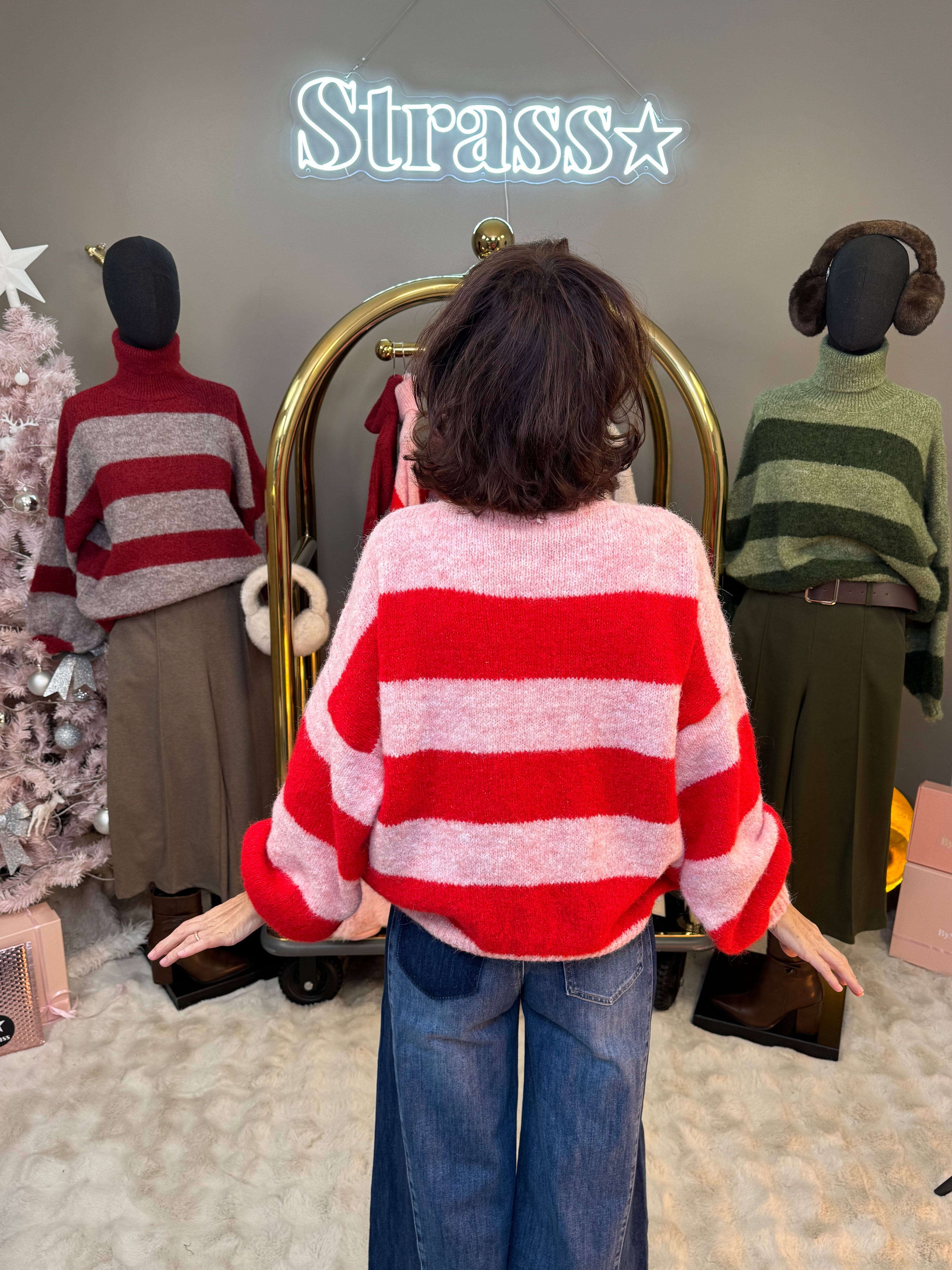 Pull Olive Col Roulé Rayé Rose