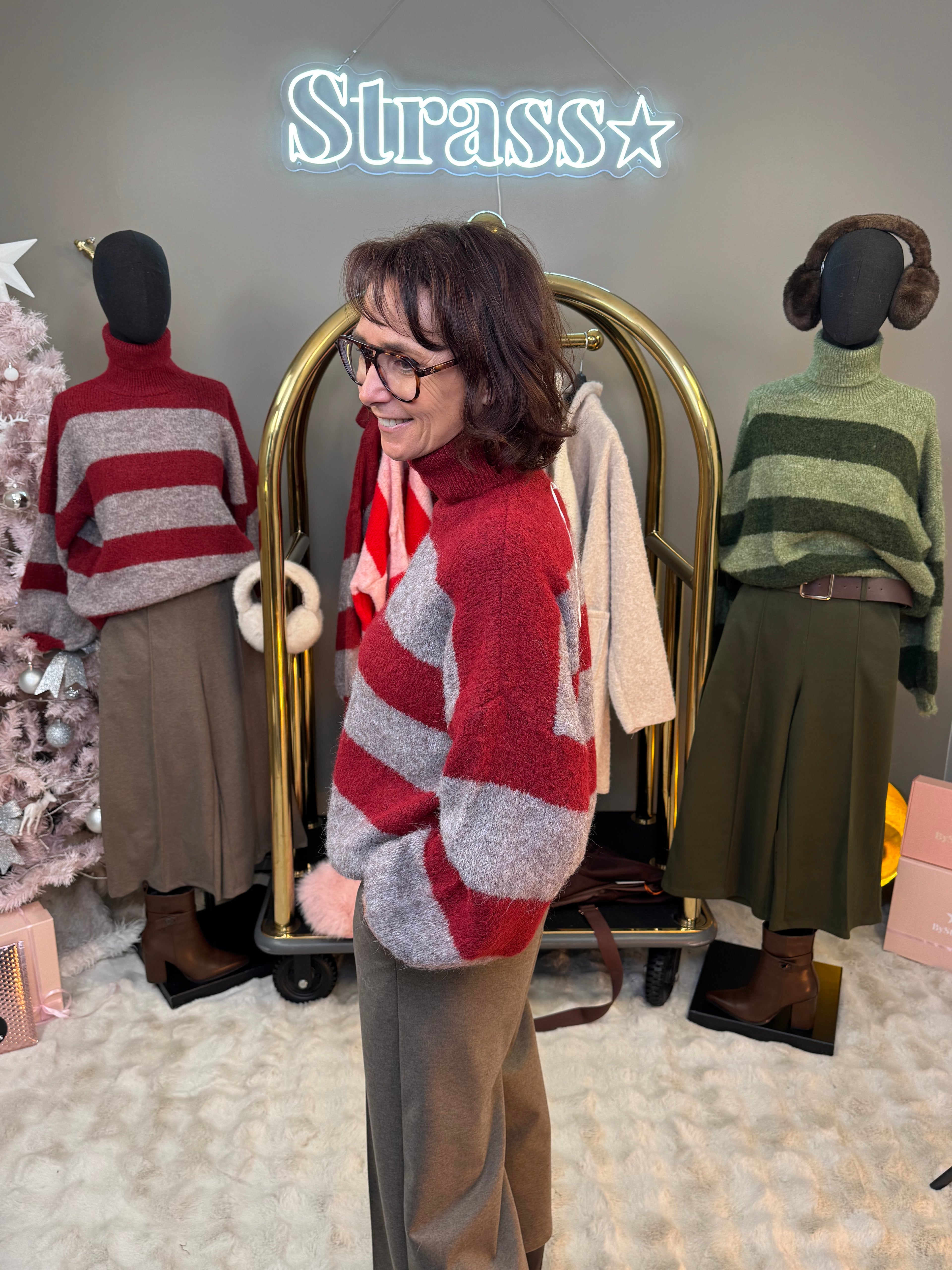 Pull Olive Col Roulé Rayé Bordeaux