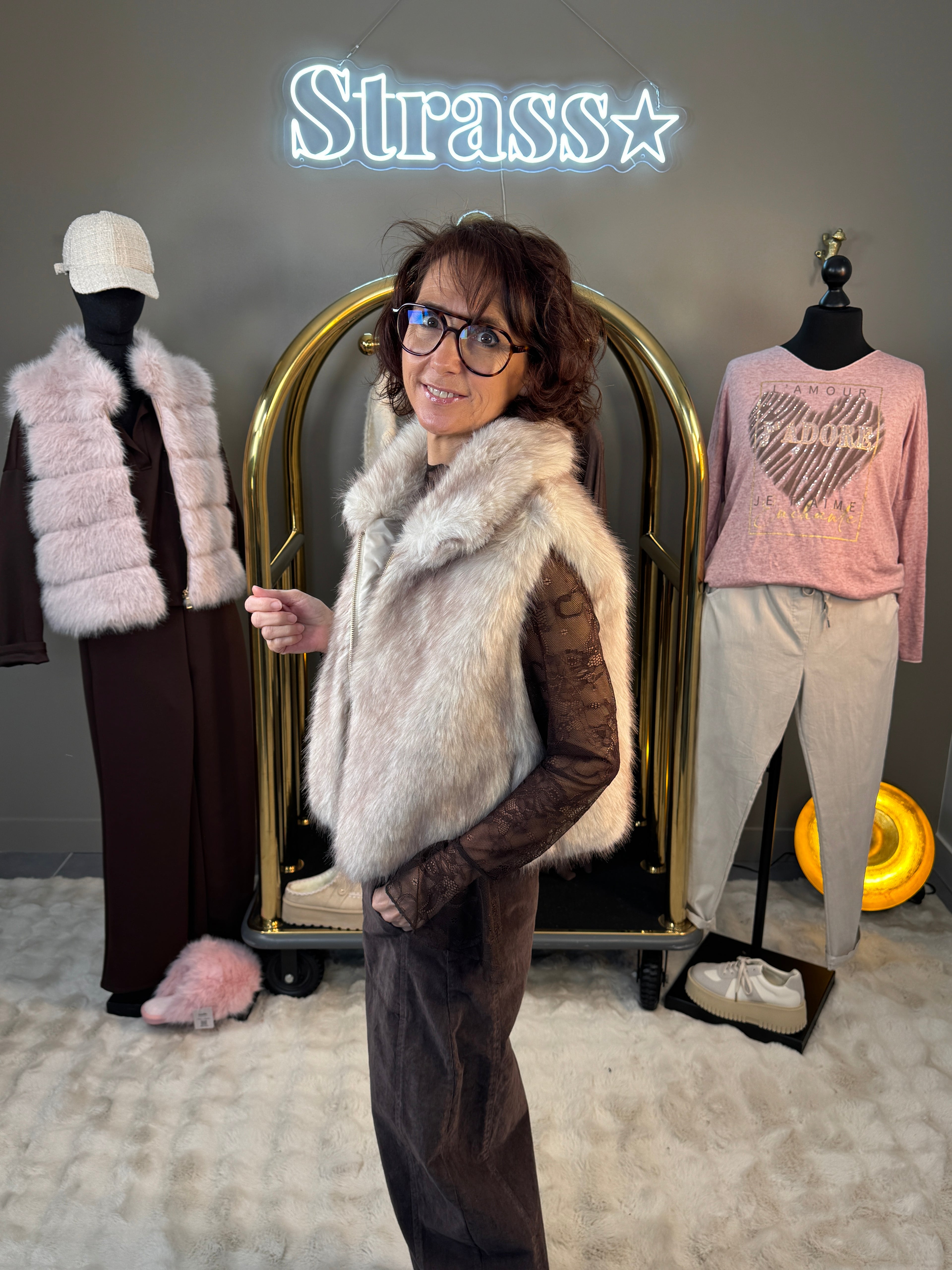 Gilet Sans Manche Marcel Fausse Fourrure Beige