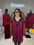 Robe Plissée Dentelle Bordeaux