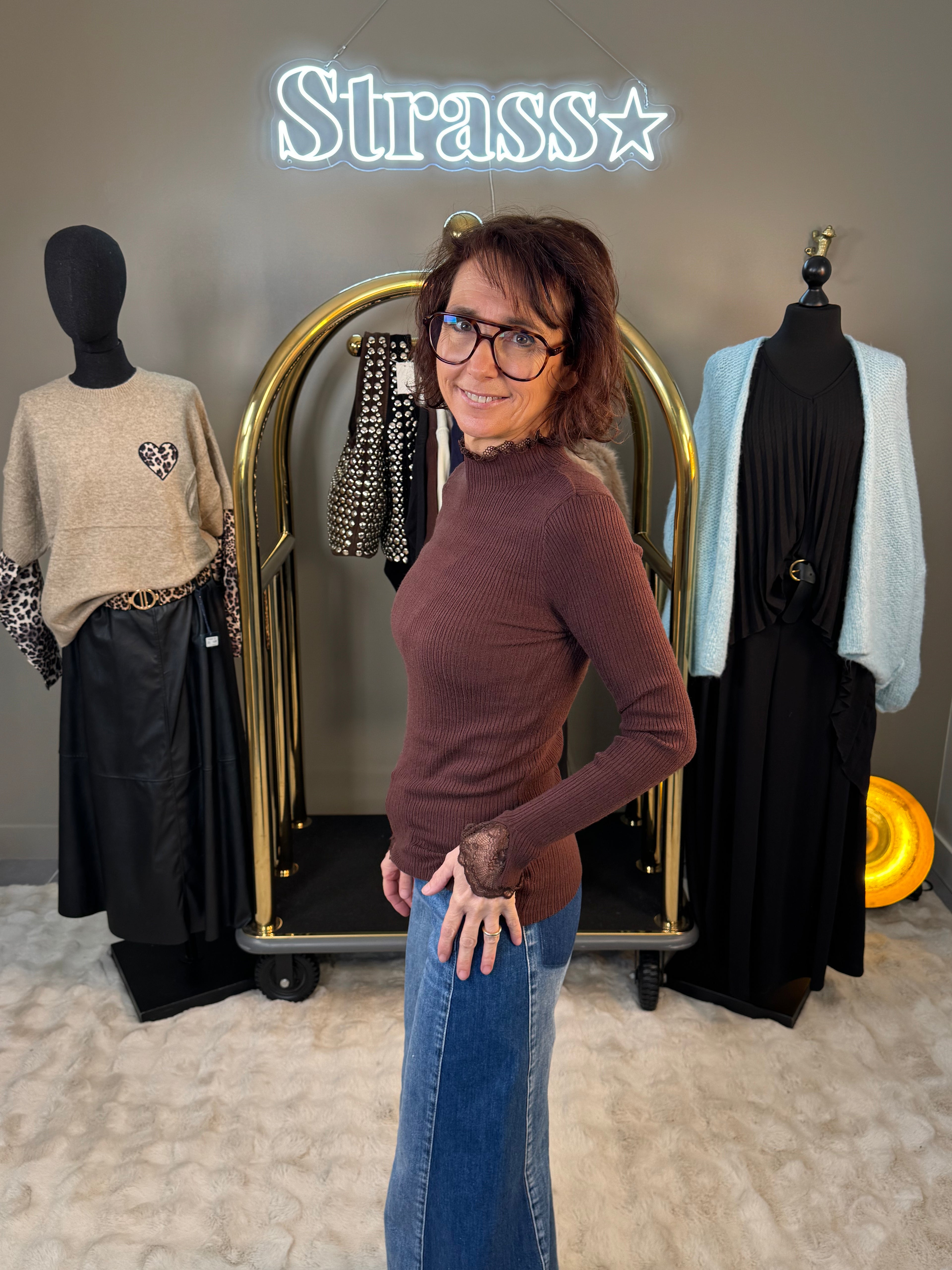 Pull Col Montant Dentelle Choco