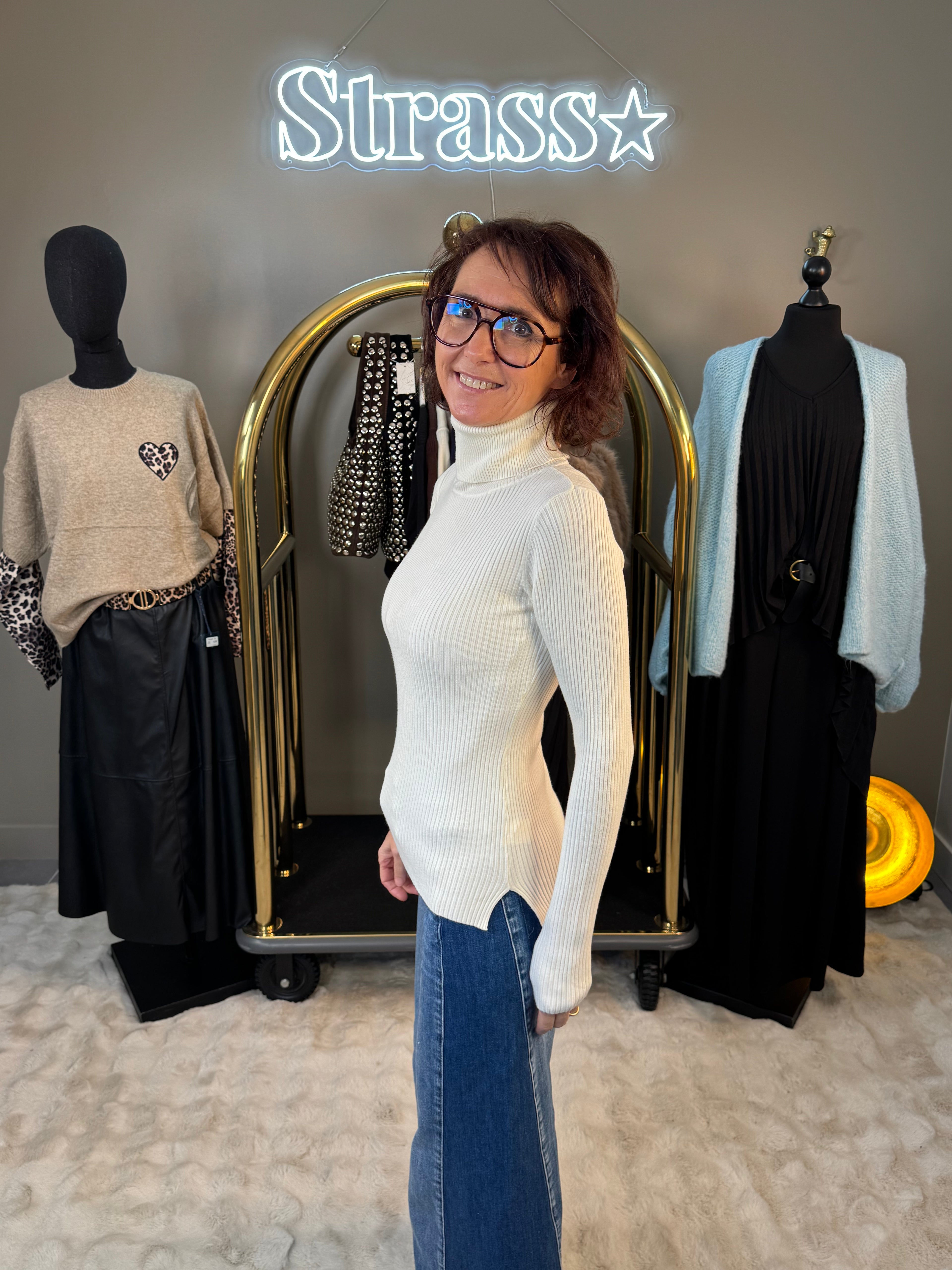 Pull Col Roulé Chaussette Écru