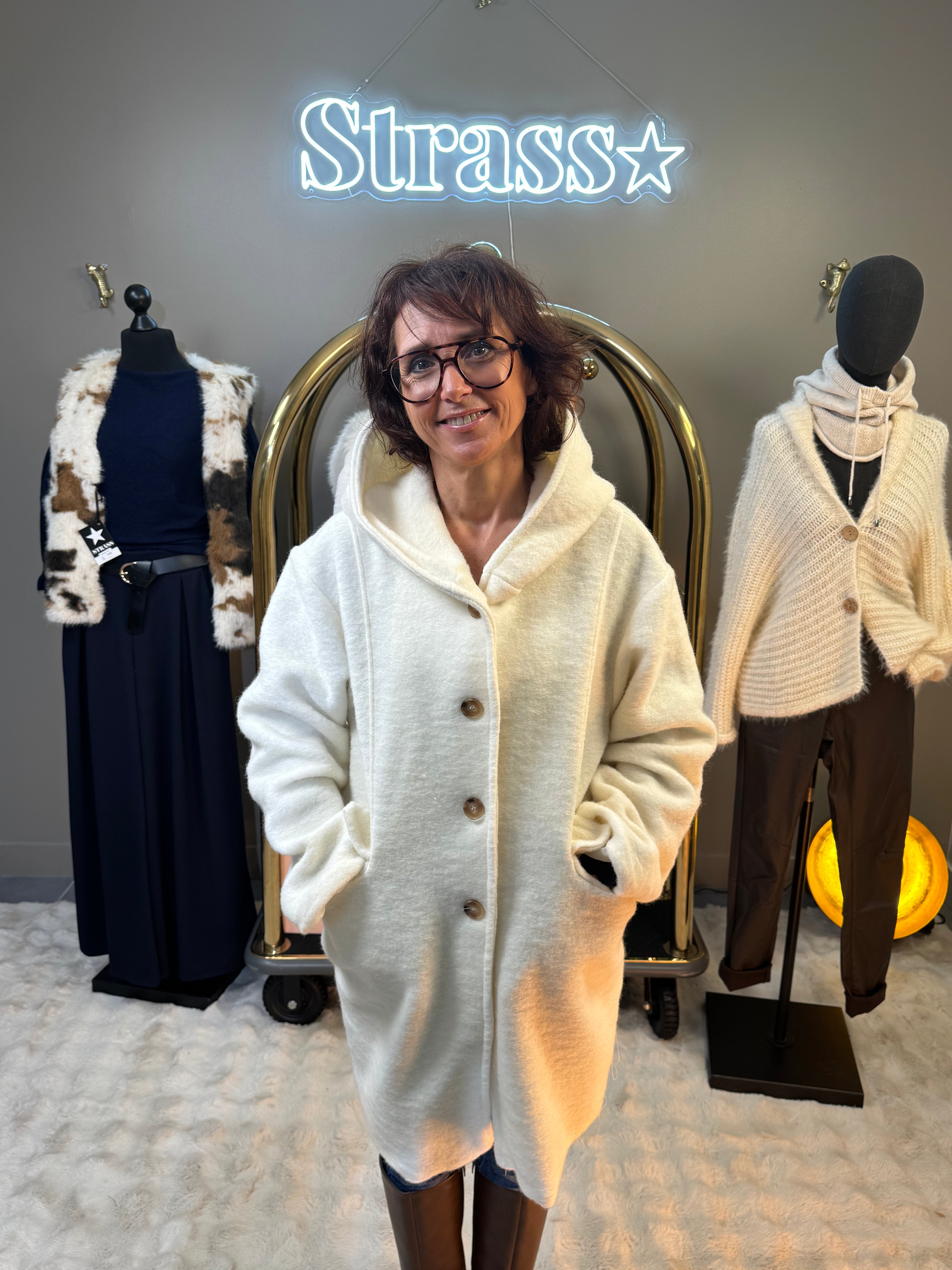 Manteau Long Capuche Étoile Écru