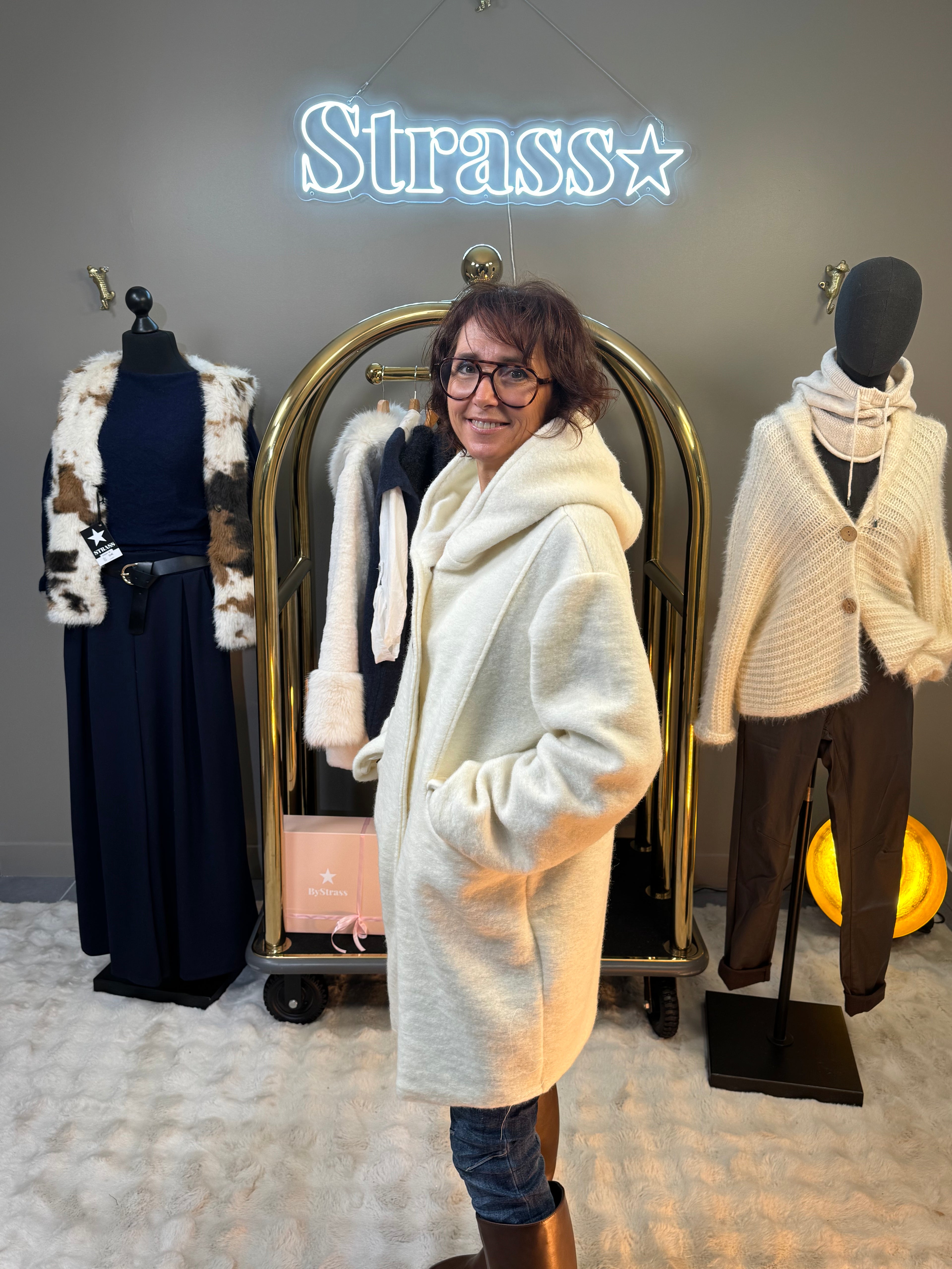 Manteau Long Capuche Étoile Écru