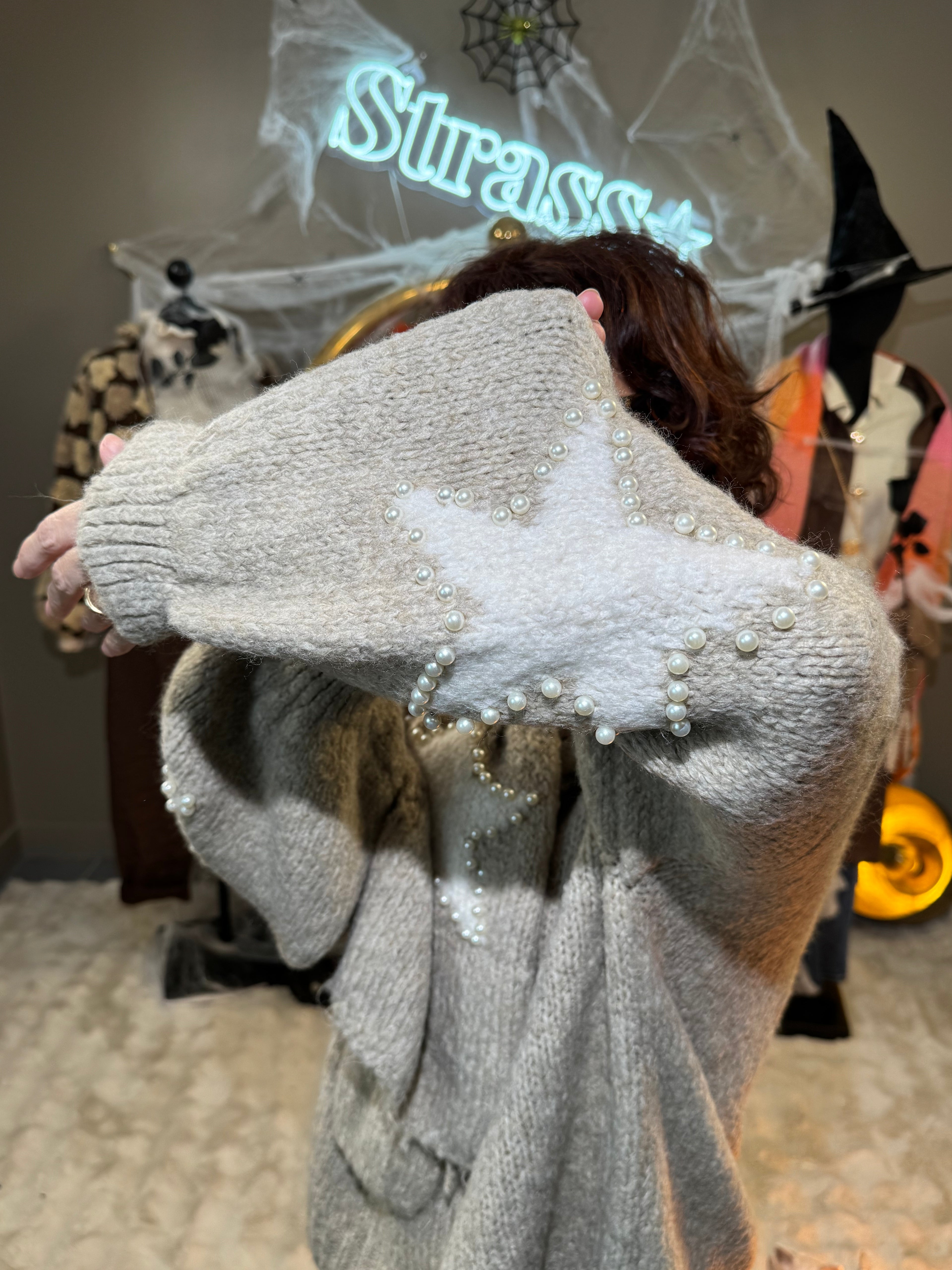 Pull Écharpe Étoiles Perles Beige