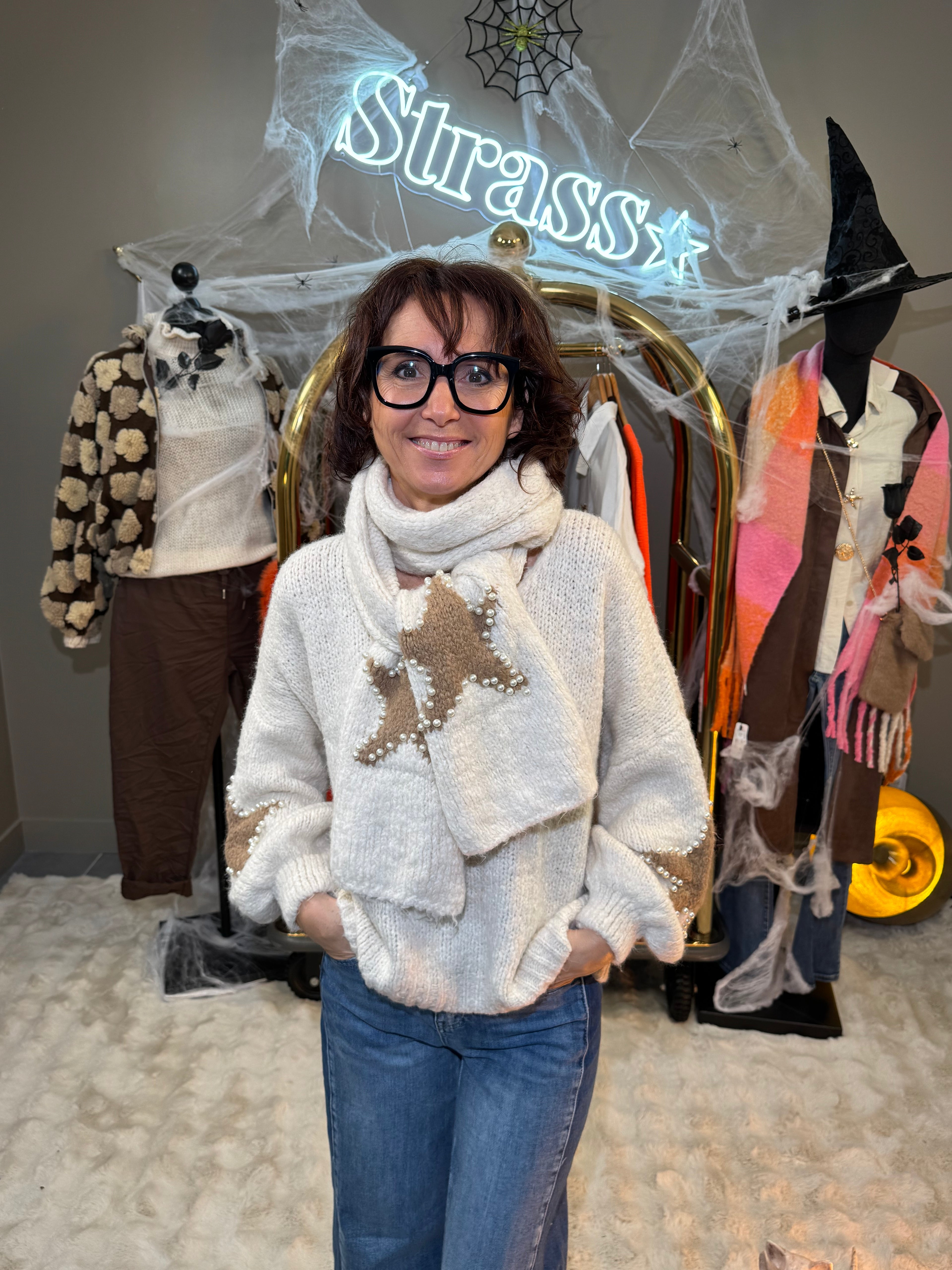 Pull Écharpe Étoiles Perles Écru