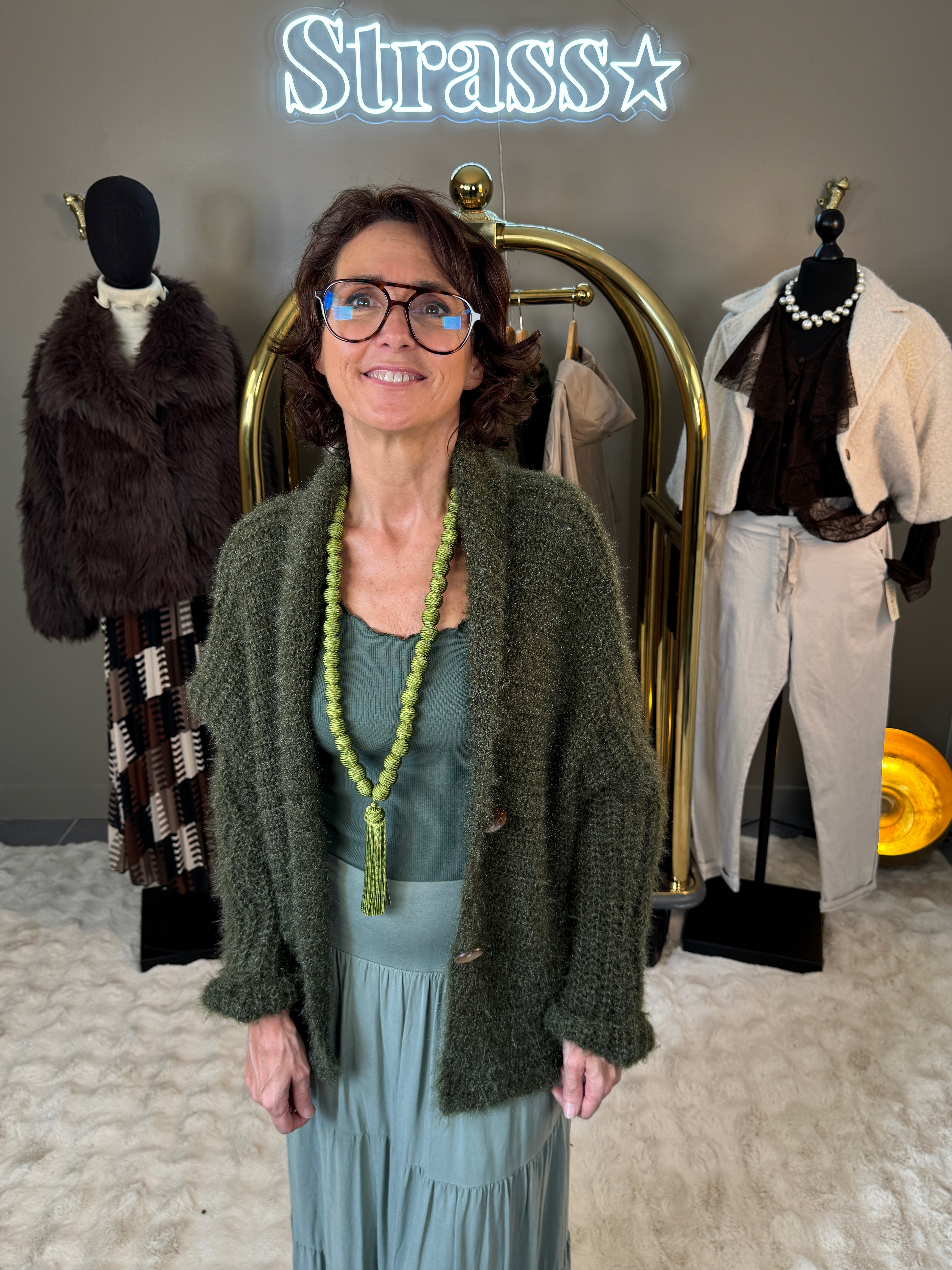 Sautoir Marrakech Boules et pompoms Kaki