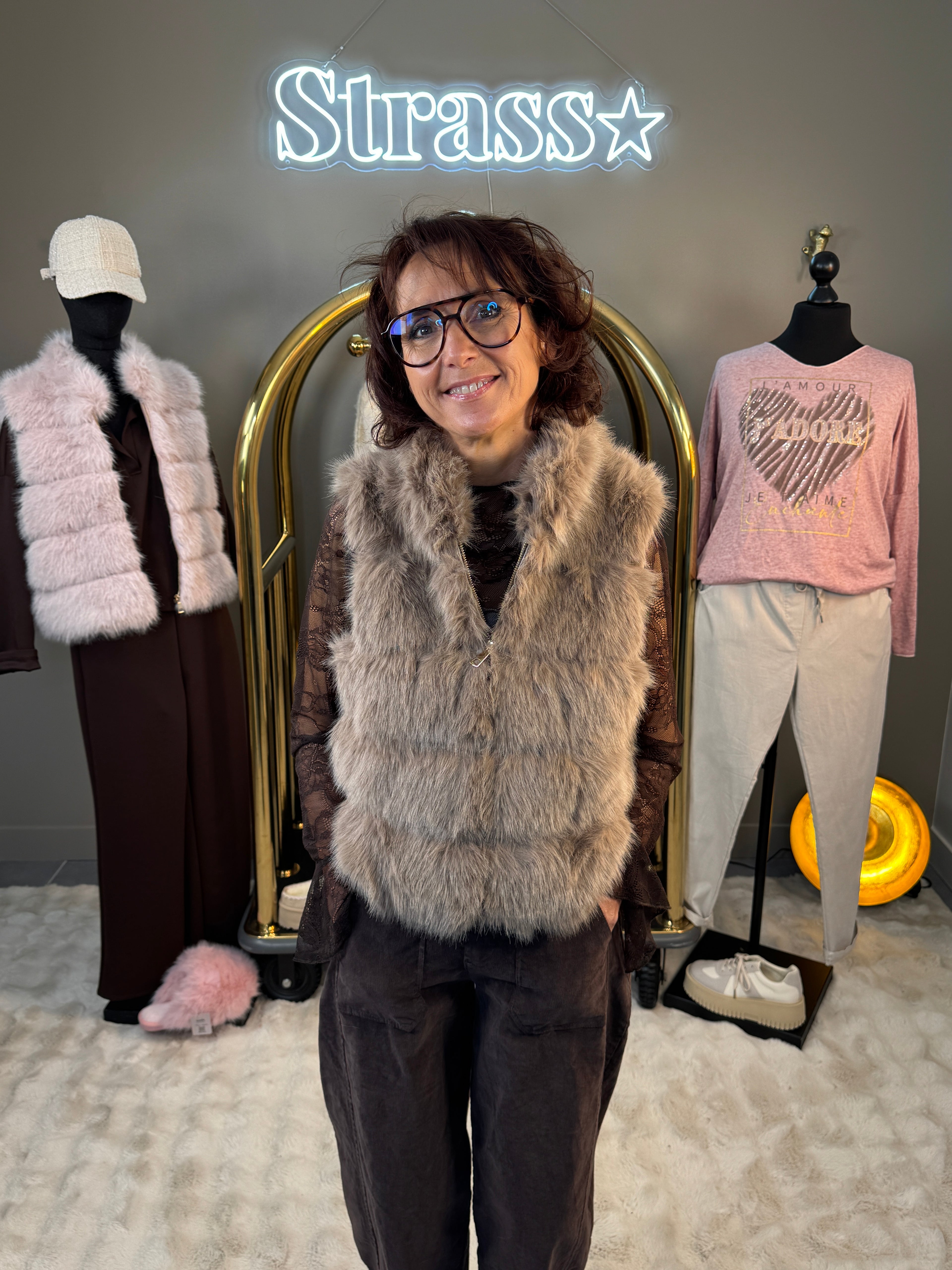 Gilet Sans Manche Jerry Fausse Fourrure Taupe