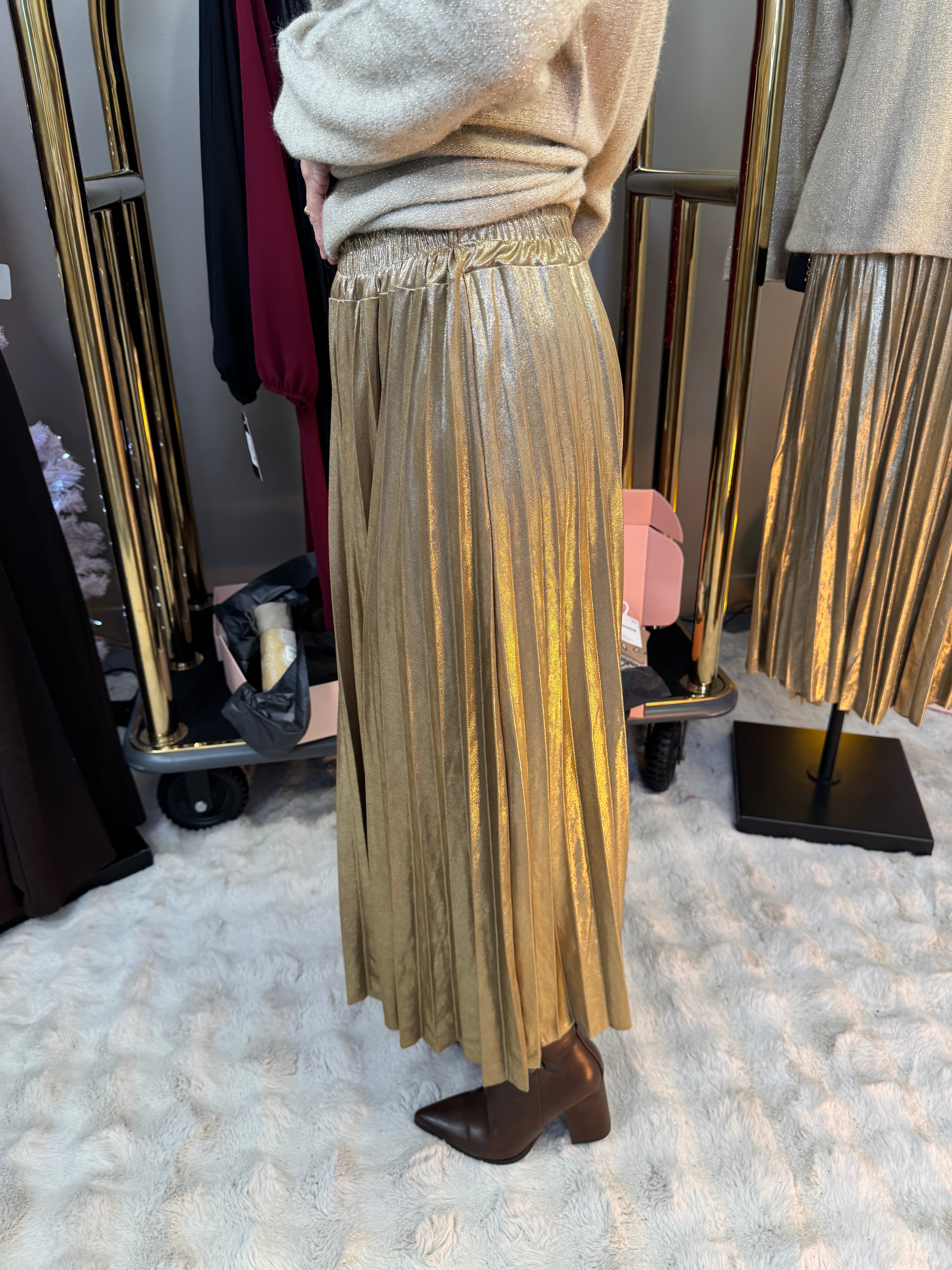 Jupe Plissée Scintillante Doré