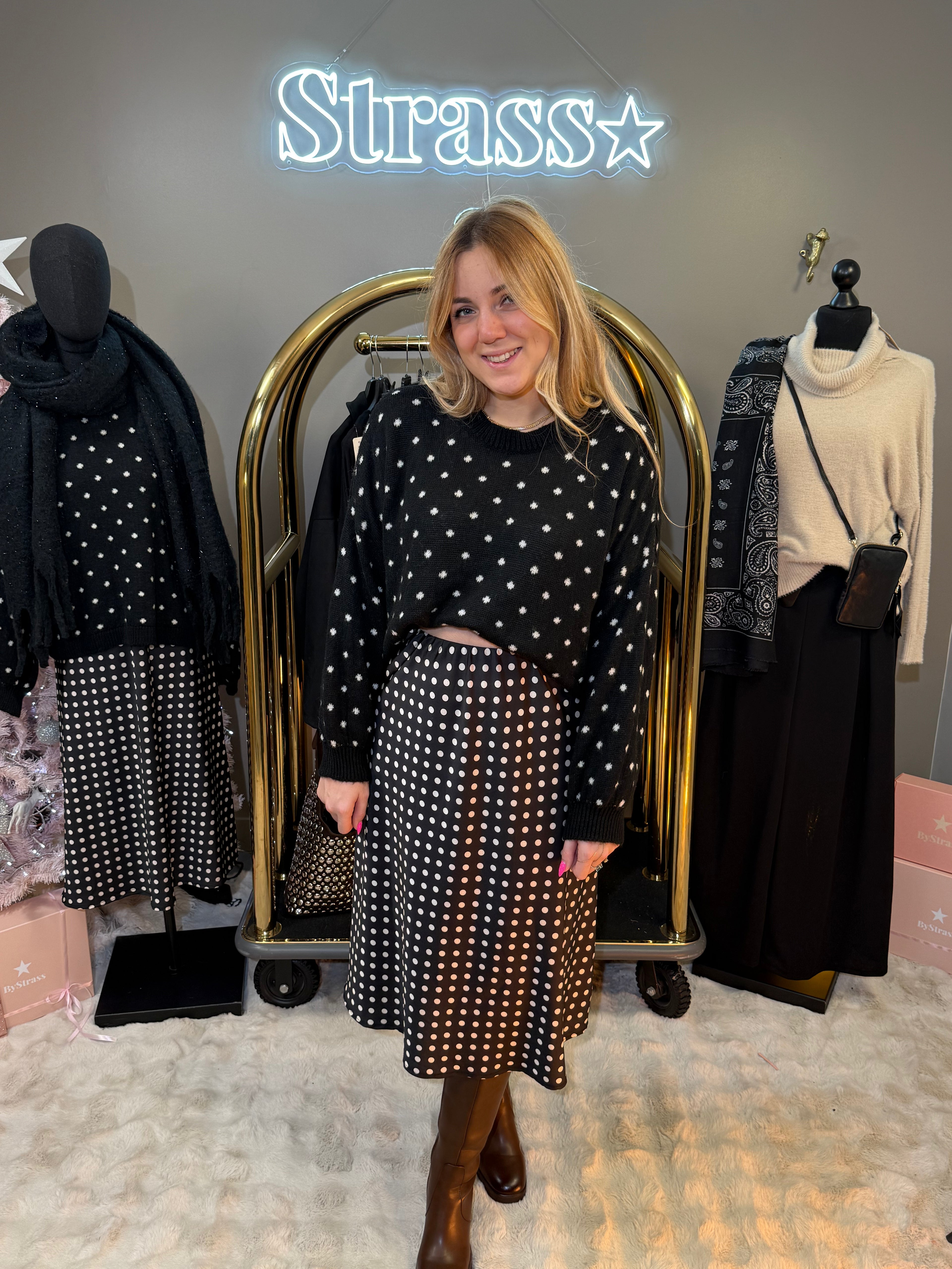 Jupe Satin Petits Pois Noir