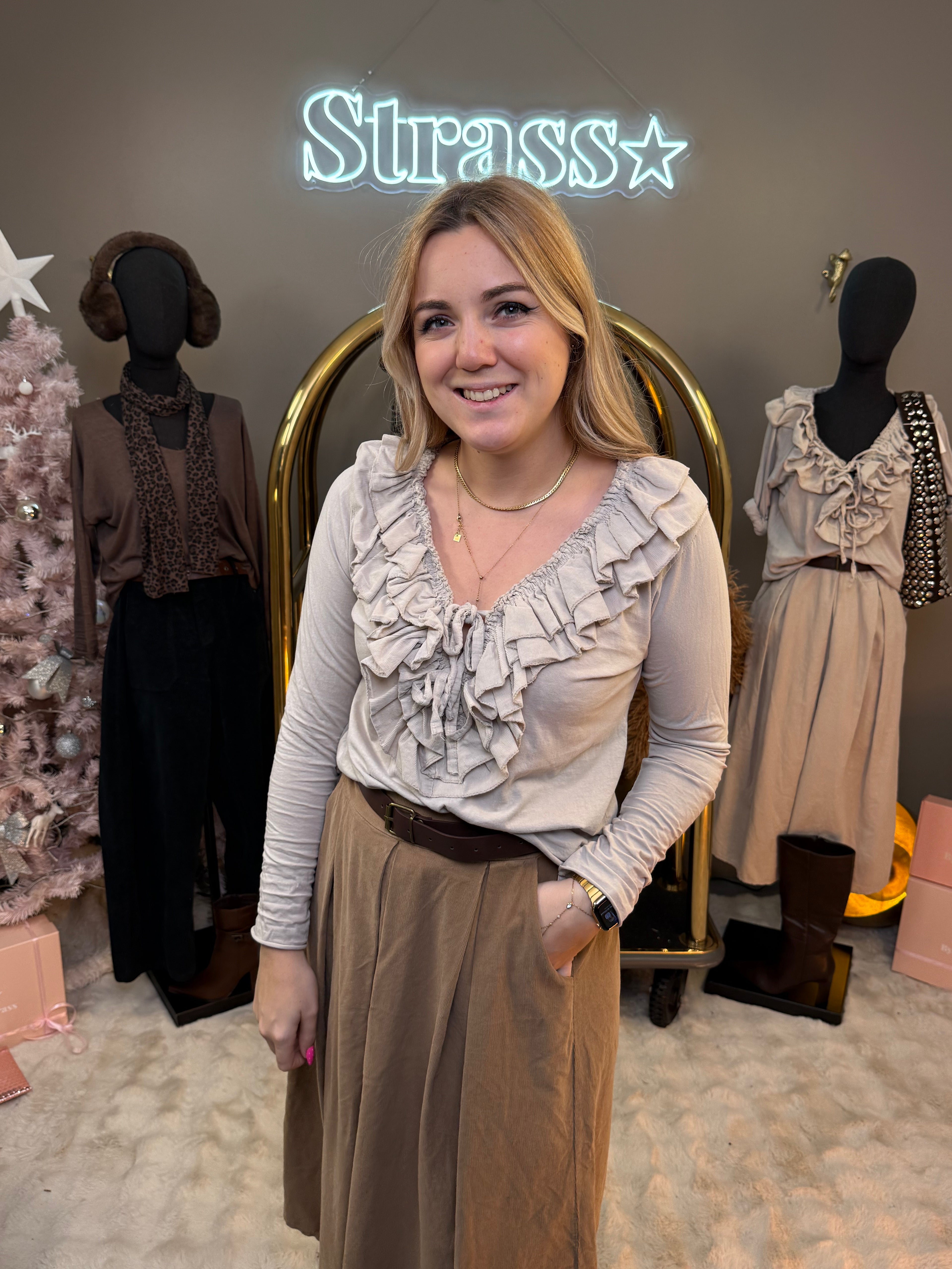 Haut Volant Velours Beige